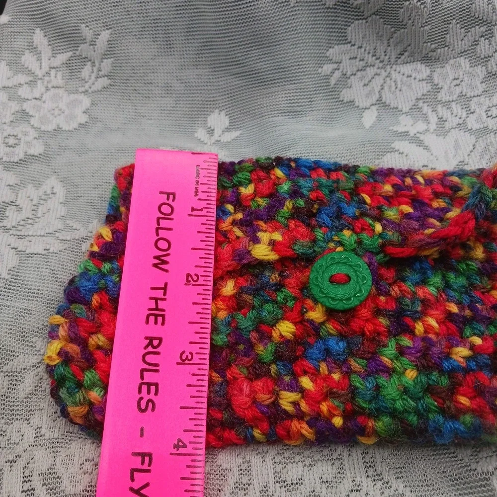 Handknit Crocheted RAINBOW Small organizer make up Bag Boho Hippie Cute Vintage